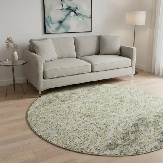 8' Green Beige And Taupe Medallion Washable Round Rug With UV Protection Photo 1