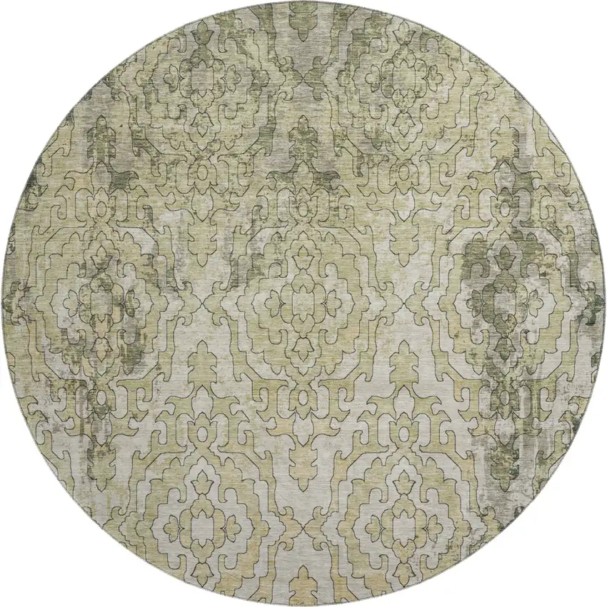 8' Green Beige And Taupe Medallion Washable Round Rug With UV Protection Photo 2
