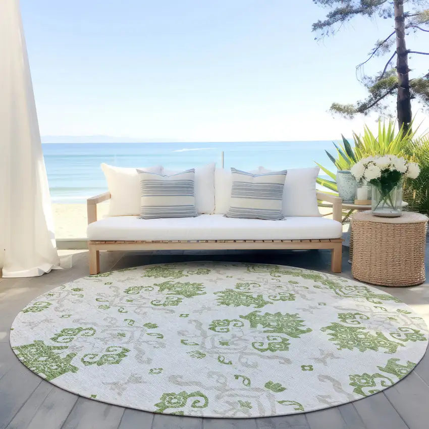 8' Green Beige And Taupe Round Oriental Washable Indoor Outdoor Area Rug Photo 5