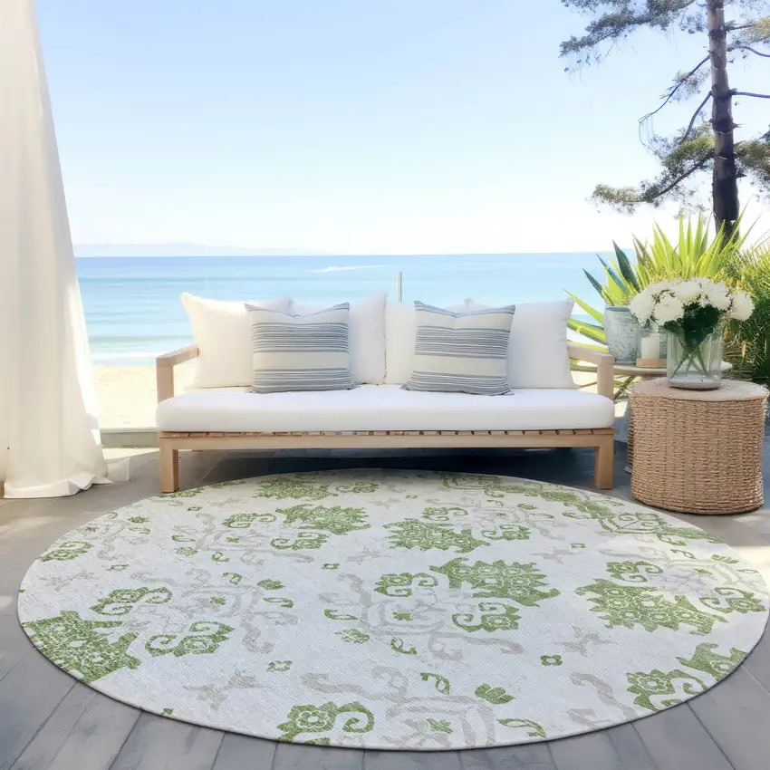 8' Green Beige And Taupe Round Oriental Washable Indoor Outdoor Area Rug Photo 5