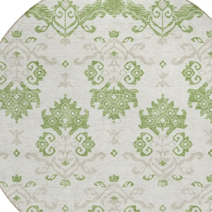 8' Green Beige And Taupe Round Oriental Washable Indoor Outdoor Area Rug Photo 3