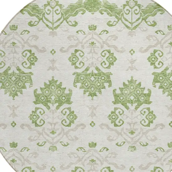 8' Green Beige And Taupe Round Oriental Washable Indoor Outdoor Area Rug Photo 3