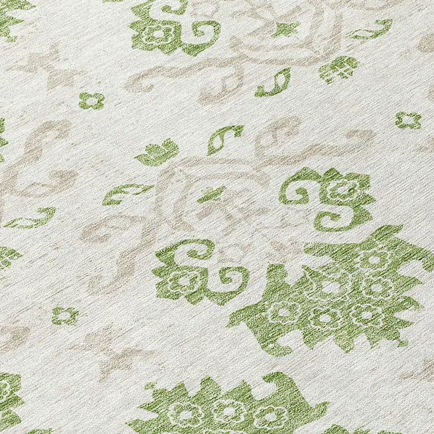8' Green Beige And Taupe Round Oriental Washable Indoor Outdoor Area Rug Photo 8