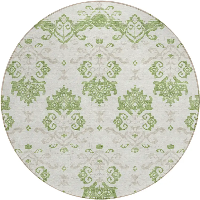 8' Green Beige And Taupe Round Oriental Washable Indoor Outdoor Area Rug Photo 1