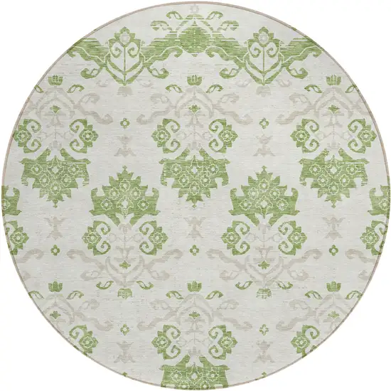 8' Green Beige And Taupe Round Oriental Washable Indoor Outdoor Area Rug Photo 1