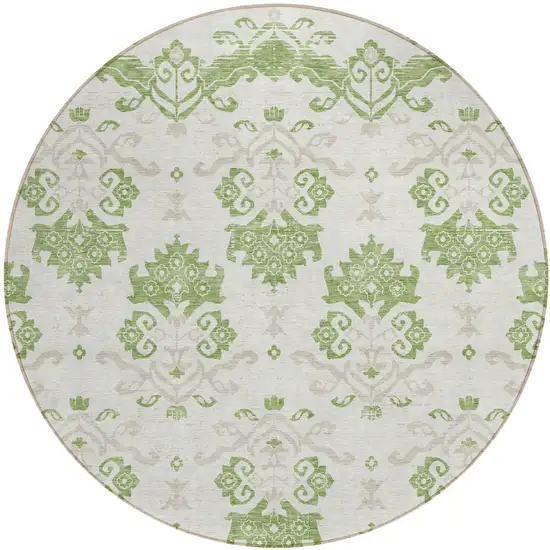 8' Green Beige And Taupe Round Oriental Washable Indoor Outdoor Area Rug Photo 1