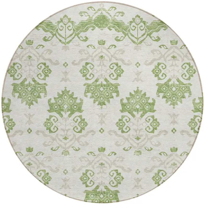 8' Green Beige And Taupe Round Oriental Washable Indoor Outdoor Area Rug Photo 1