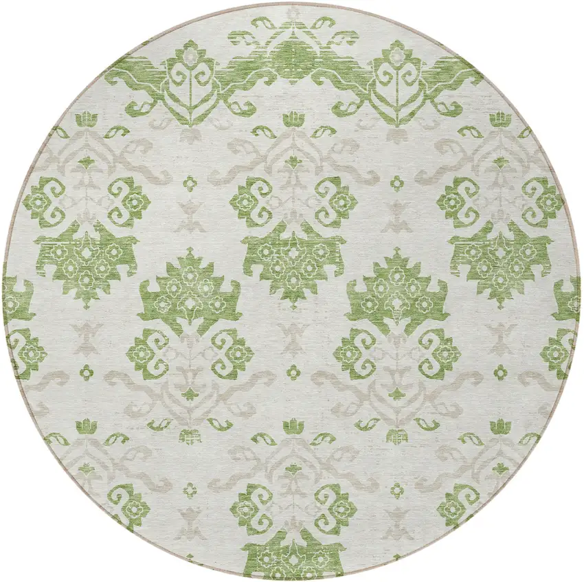 8' Green Beige And Taupe Round Oriental Washable Indoor Outdoor Area Rug Photo 5