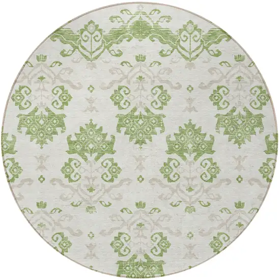 8' Green Beige And Taupe Round Oriental Washable Indoor Outdoor Area Rug Photo 5
