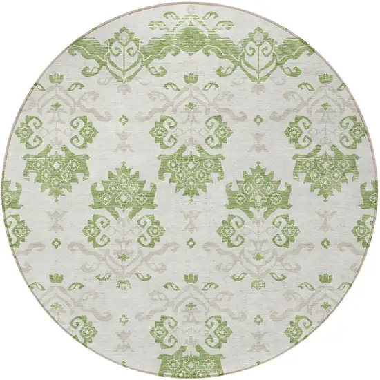 8' Green Beige And Taupe Round Oriental Washable Indoor Outdoor Area Rug Photo 5