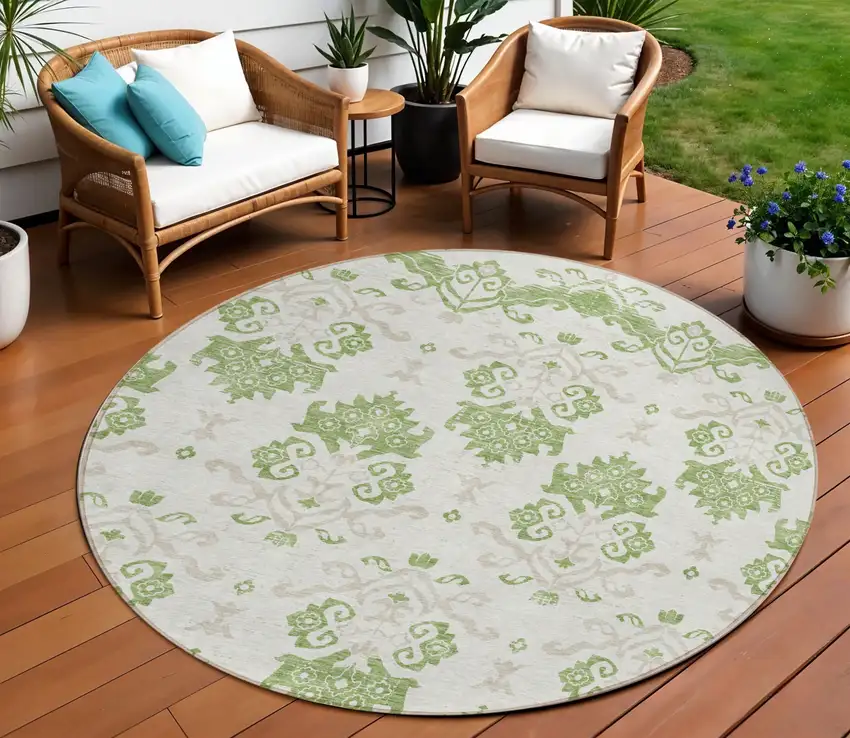 8' Green Beige And Taupe Round Oriental Washable Indoor Outdoor Area Rug Photo 1