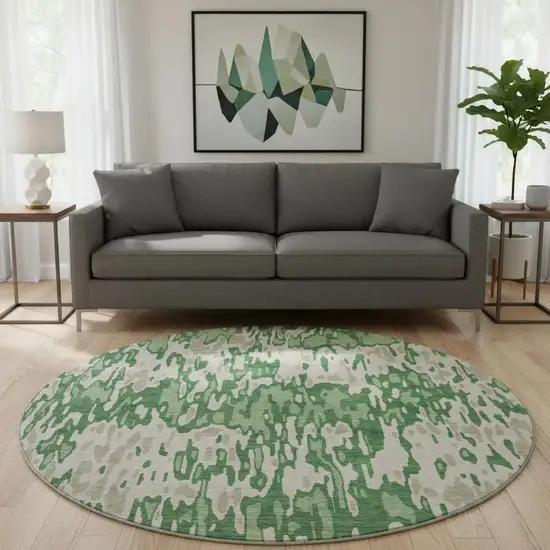 8' Green Beige And Taupe Striped Washable Round Rug With UV Protection Photo 2