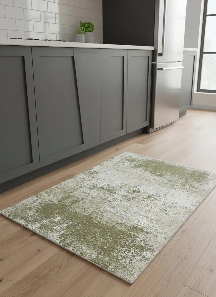 5' Green Beige And White Abstract Washable Round Rug With UV Protection Photo 1