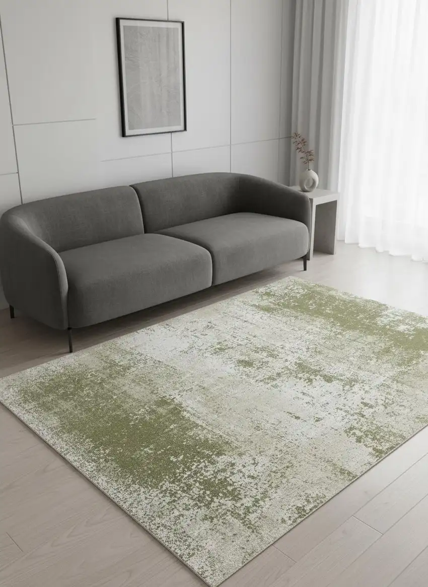 8' Green Beige And White Abstract Washable Round Rug With UV Protection Photo 1