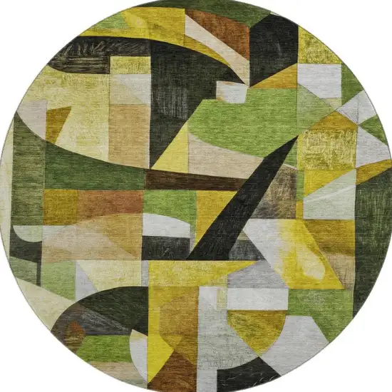 8' Green Black And Gold Abstract Washable Round Rug With UV Protection Photo 2