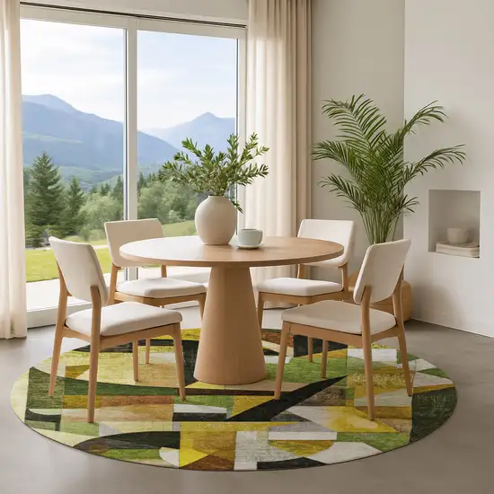 8' Green Black And Gold Abstract Washable Round Rug With UV Protection Photo 4