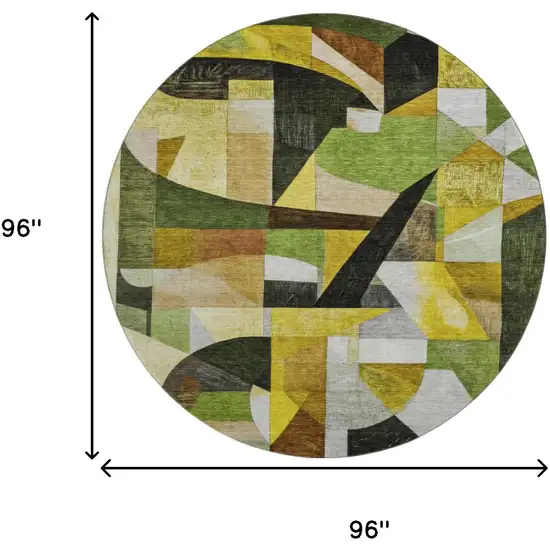 8' Green Black And Gold Abstract Washable Round Rug With UV Protection Photo 9