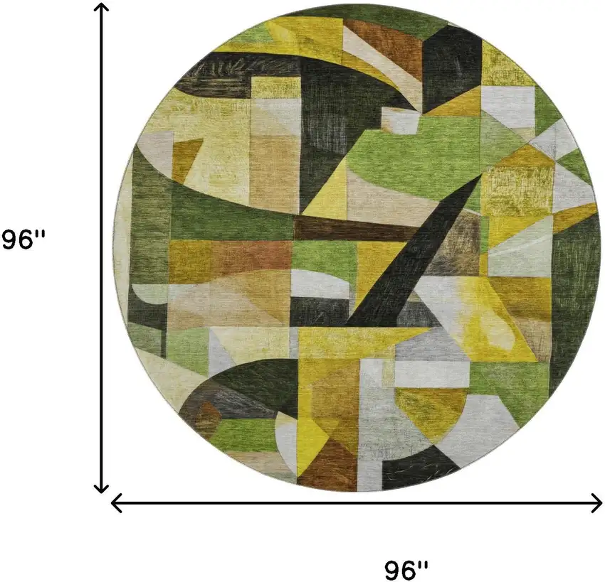 8' Green Black And Gold Abstract Washable Round Rug With UV Protection Photo 9