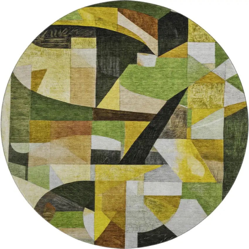 8' Green Black And Gold Abstract Washable Round Rug With UV Protection Photo 1