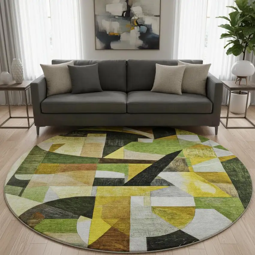 8' Green Black And Gold Abstract Washable Round Rug With UV Protection Photo 2