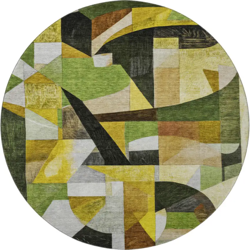 8' Green Black And Gold Abstract Washable Round Rug With UV Protection Photo 3