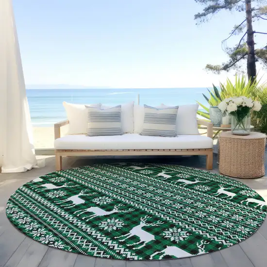 8' Green Black And Ivory Round Animal Print Washable Indoor Outdoor Area Rug Photo 5