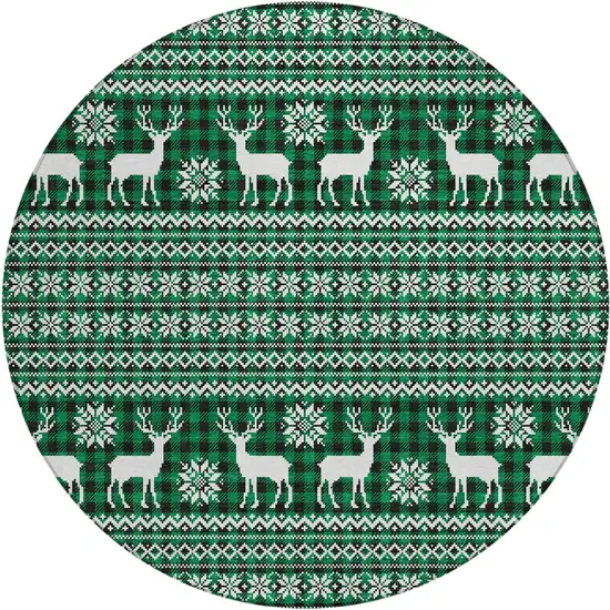 8' Green Black And Ivory Round Animal Print Washable Indoor Outdoor Area Rug Photo 1