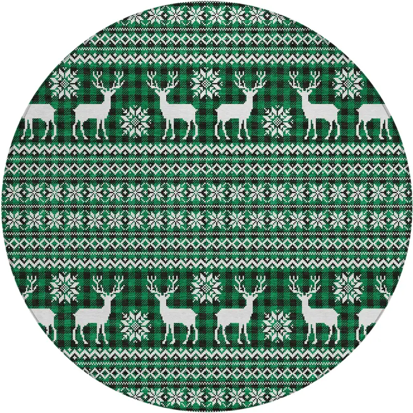 8' Green Black And Ivory Round Animal Print Washable Indoor Outdoor Area Rug Photo 1