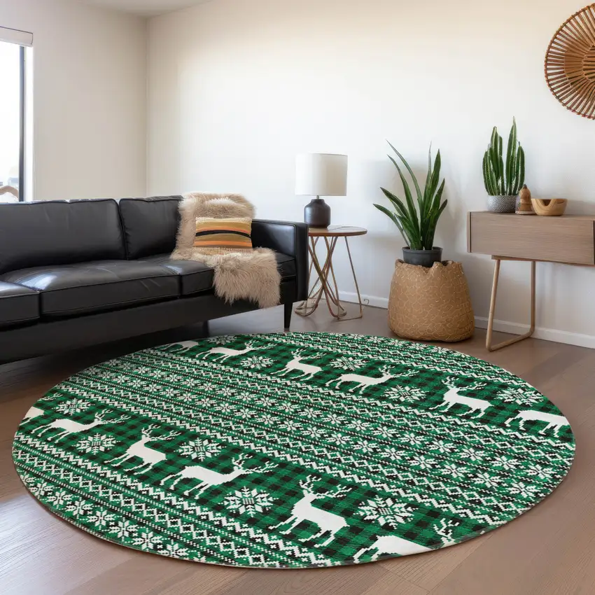 8' Green Black And Ivory Round Animal Print Washable Indoor Outdoor Area Rug Photo 6