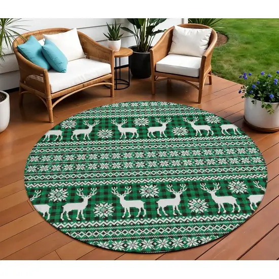 8' Green Black And Ivory Round Animal Print Washable Indoor Outdoor Area Rug Photo 2