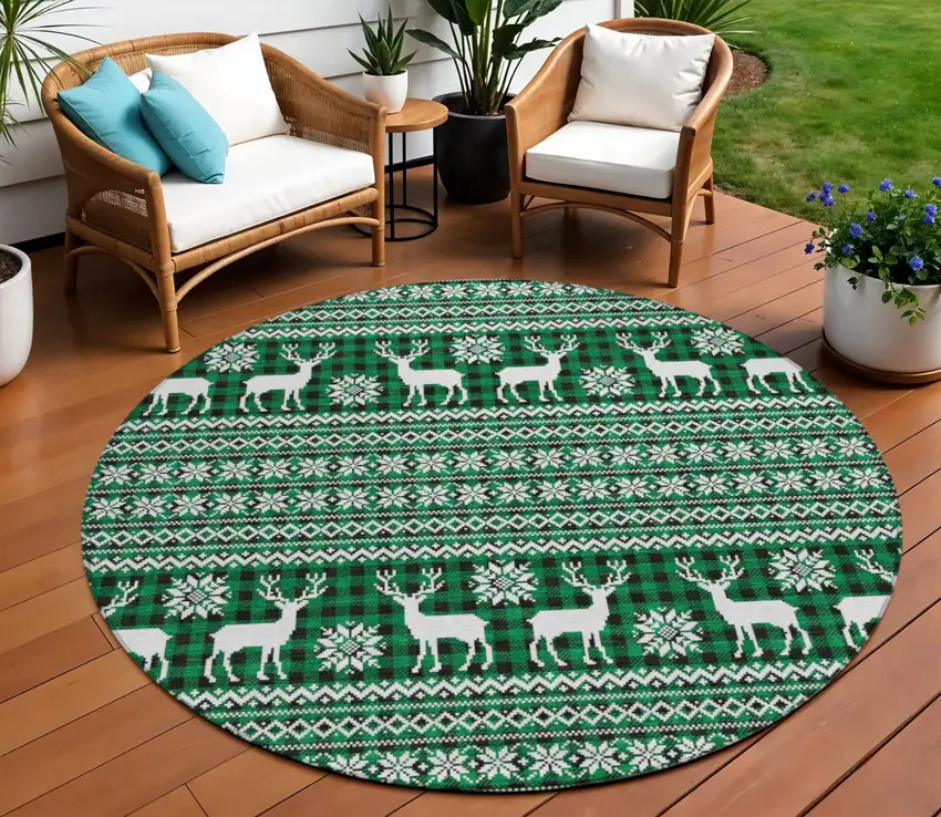 8' Green Black And Ivory Round Animal Print Washable Indoor Outdoor Area Rug Photo 2