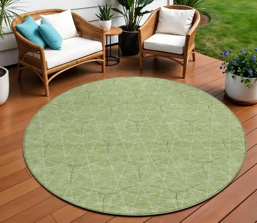 8' Green Black And Ivory Round Geometric Washable Indoor Outdoor Area Rug Photo 1