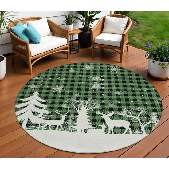 8' Green Black And Ivory Round Plaid Washable Indoor Outdoor Area Rug Photo 1