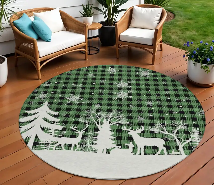 8' Green Black And Ivory Round Plaid Washable Indoor Outdoor Area Rug Photo 1