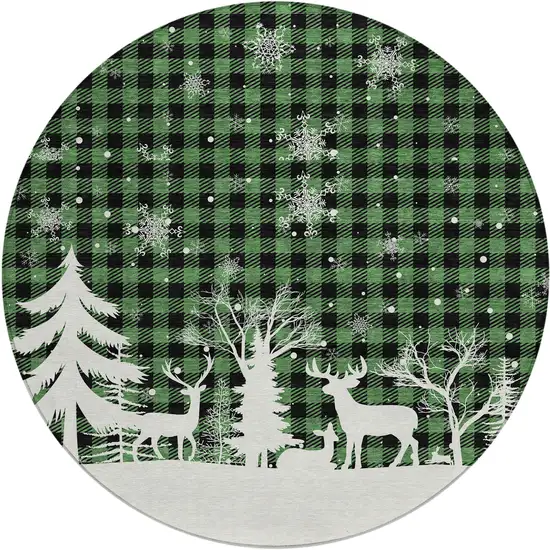 8' Green Black And Ivory Round Plaid Washable Indoor Outdoor Area Rug Photo 2