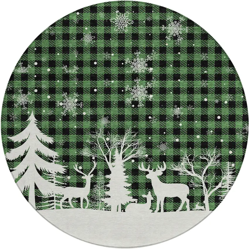 8' Green Black And Ivory Round Plaid Washable Indoor Outdoor Area Rug Photo 1