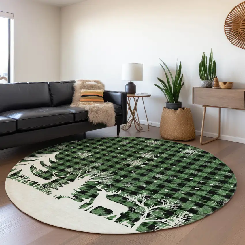8' Green Black And Ivory Round Plaid Washable Indoor Outdoor Area Rug Photo 6