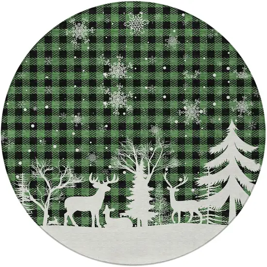 8' Green Black And Ivory Round Plaid Washable Indoor Outdoor Area Rug Photo 3