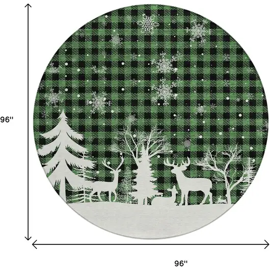 8' Green Black And Ivory Round Plaid Washable Indoor Outdoor Area Rug Photo 9