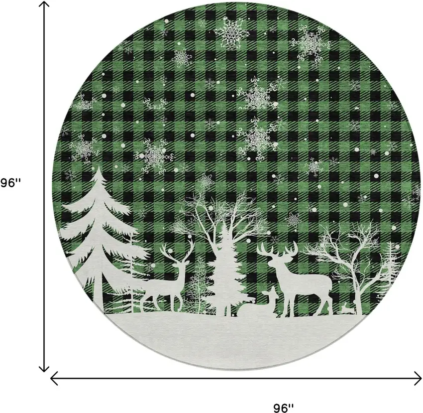 8' Green Black And Ivory Round Plaid Washable Indoor Outdoor Area Rug Photo 9