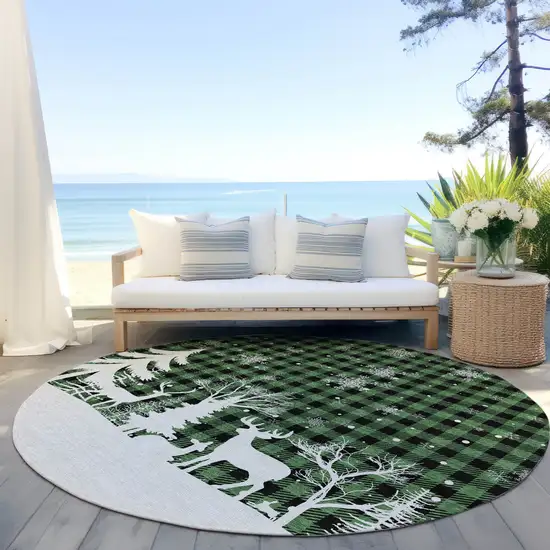 8' Green Black And Ivory Round Plaid Washable Indoor Outdoor Area Rug Photo 5