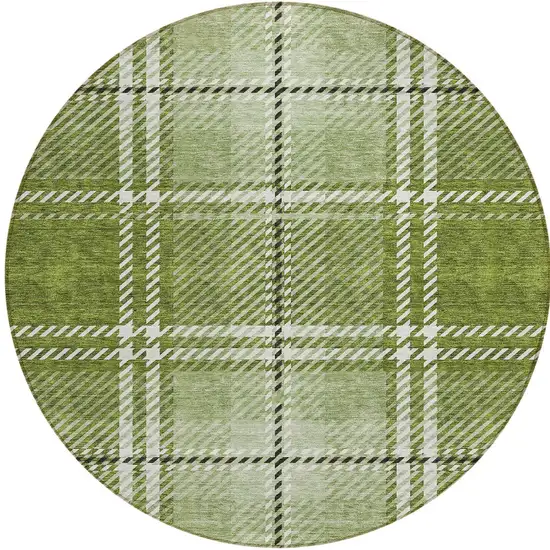 8' Green Black And Ivory Round Plaid Washable Indoor Outdoor Area Rug Photo 5