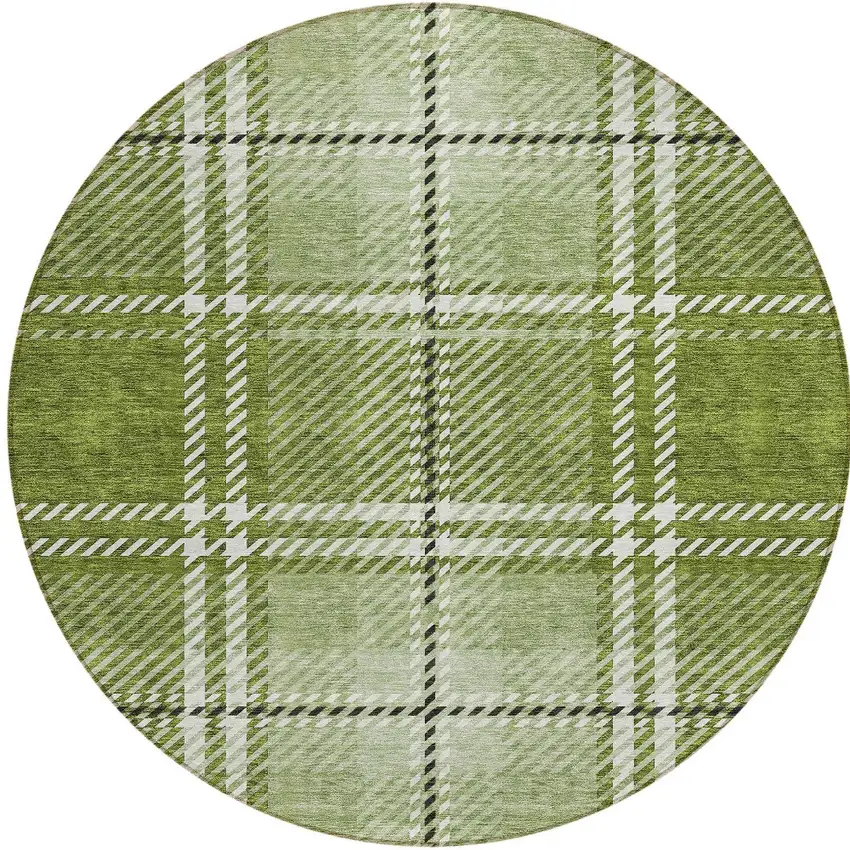 8' Green Black And Ivory Round Plaid Washable Indoor Outdoor Area Rug Photo 5