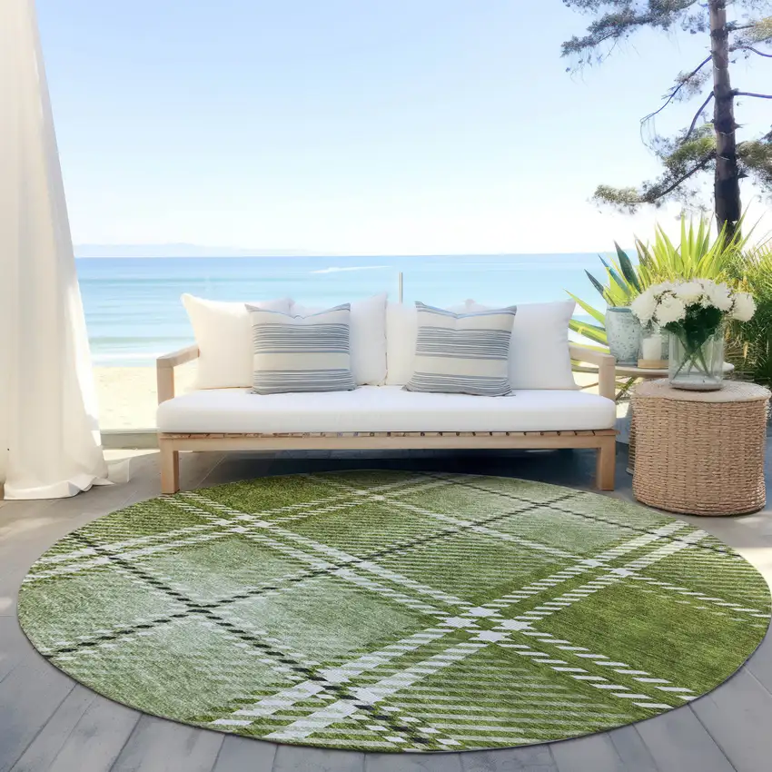 8' Green Black And Ivory Round Plaid Washable Indoor Outdoor Area Rug Photo 6