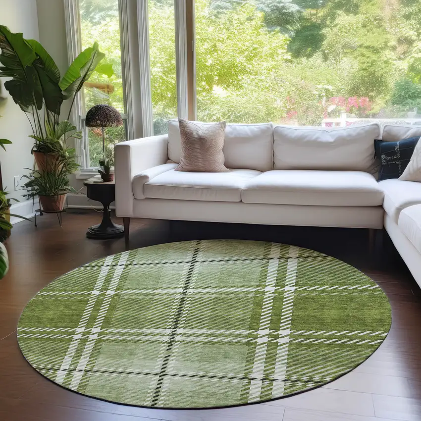 8' Green Black And Ivory Round Plaid Washable Indoor Outdoor Area Rug Photo 7