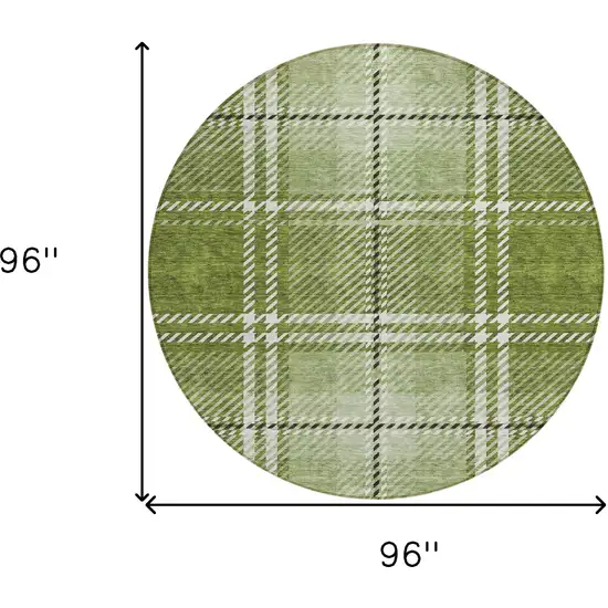 8' Green Black And Ivory Round Plaid Washable Indoor Outdoor Area Rug Photo 3