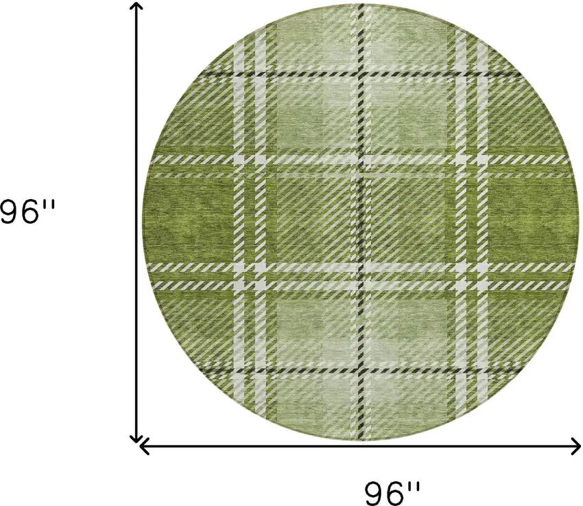 8' Green Black And Ivory Round Plaid Washable Indoor Outdoor Area Rug Photo 3