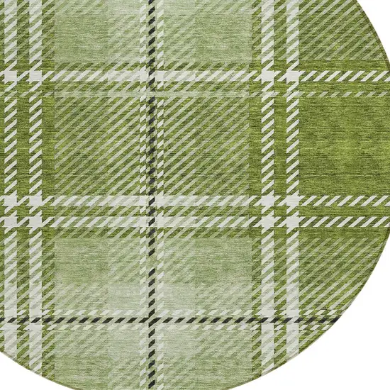 8' Green Black And Ivory Round Plaid Washable Indoor Outdoor Area Rug Photo 4