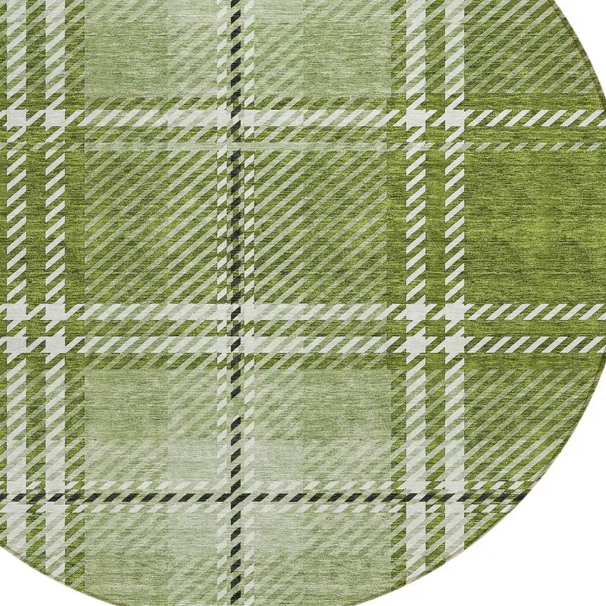 8' Green Black And Ivory Round Plaid Washable Indoor Outdoor Area Rug Photo 4
