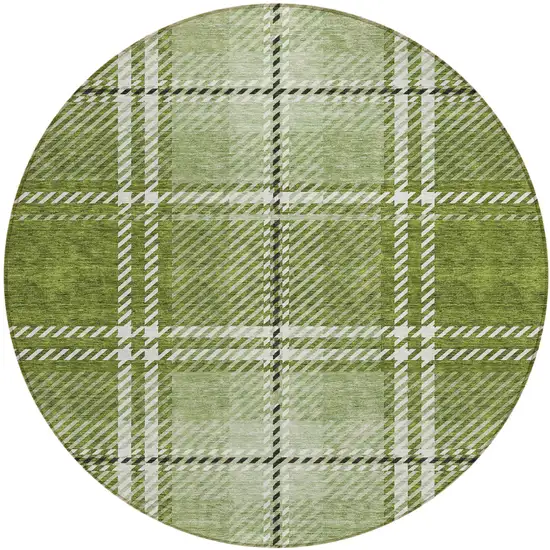 8' Green Black And Ivory Round Plaid Washable Indoor Outdoor Area Rug Photo 2